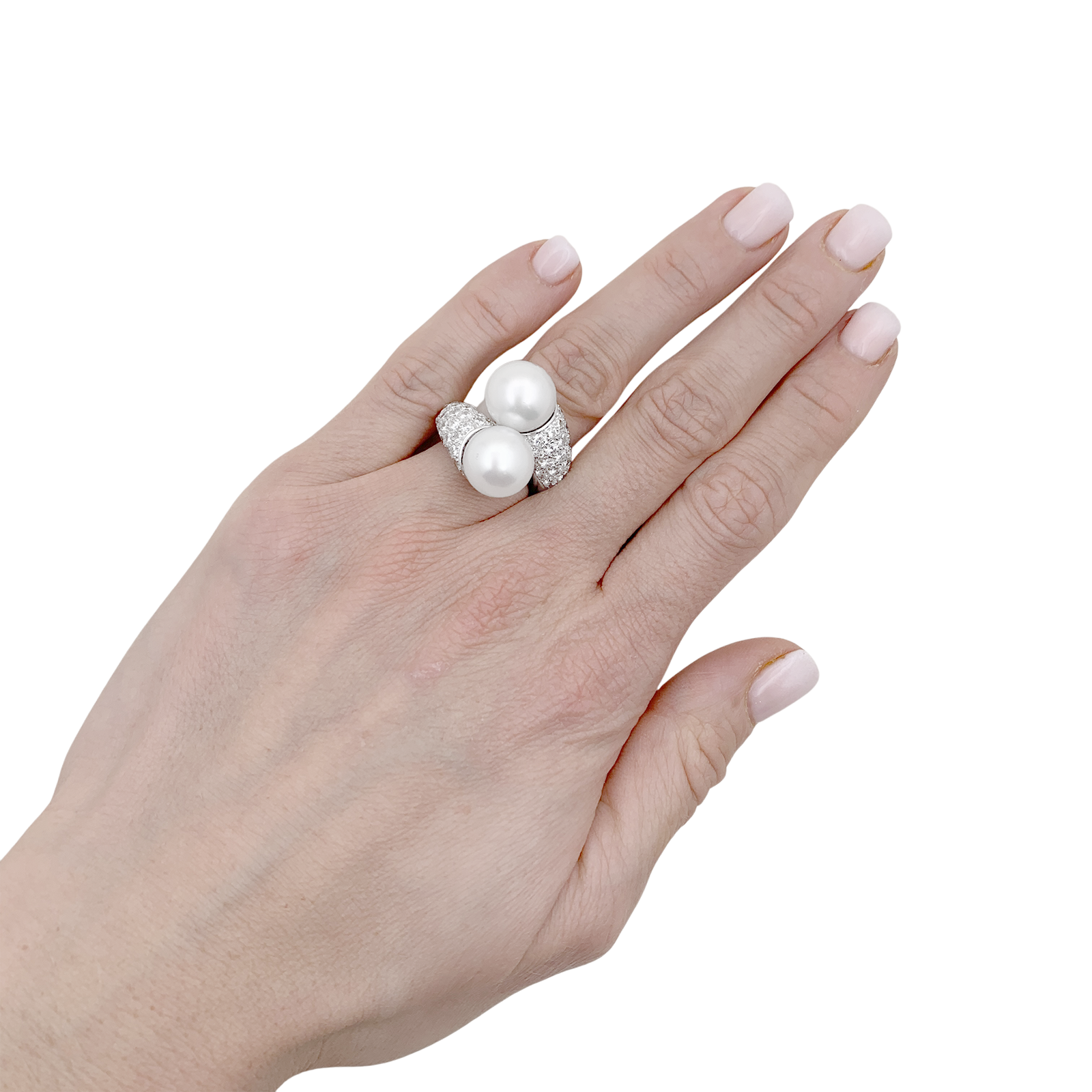 Bague "Toi & Moi" or blanc, diamants, perles. 5