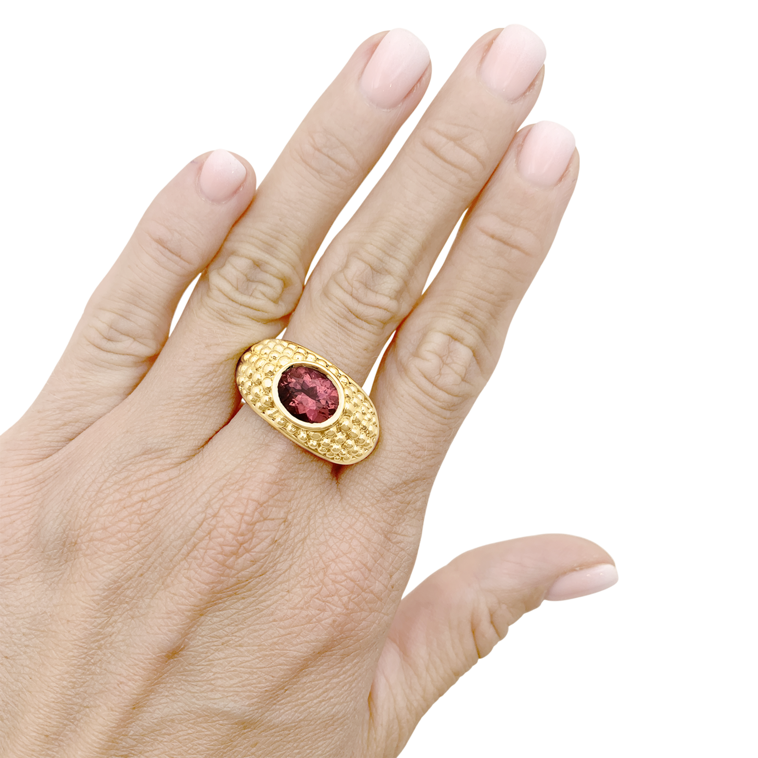 Bague Hérail, "Babul Work", or jaune, tourmaline rose.  6