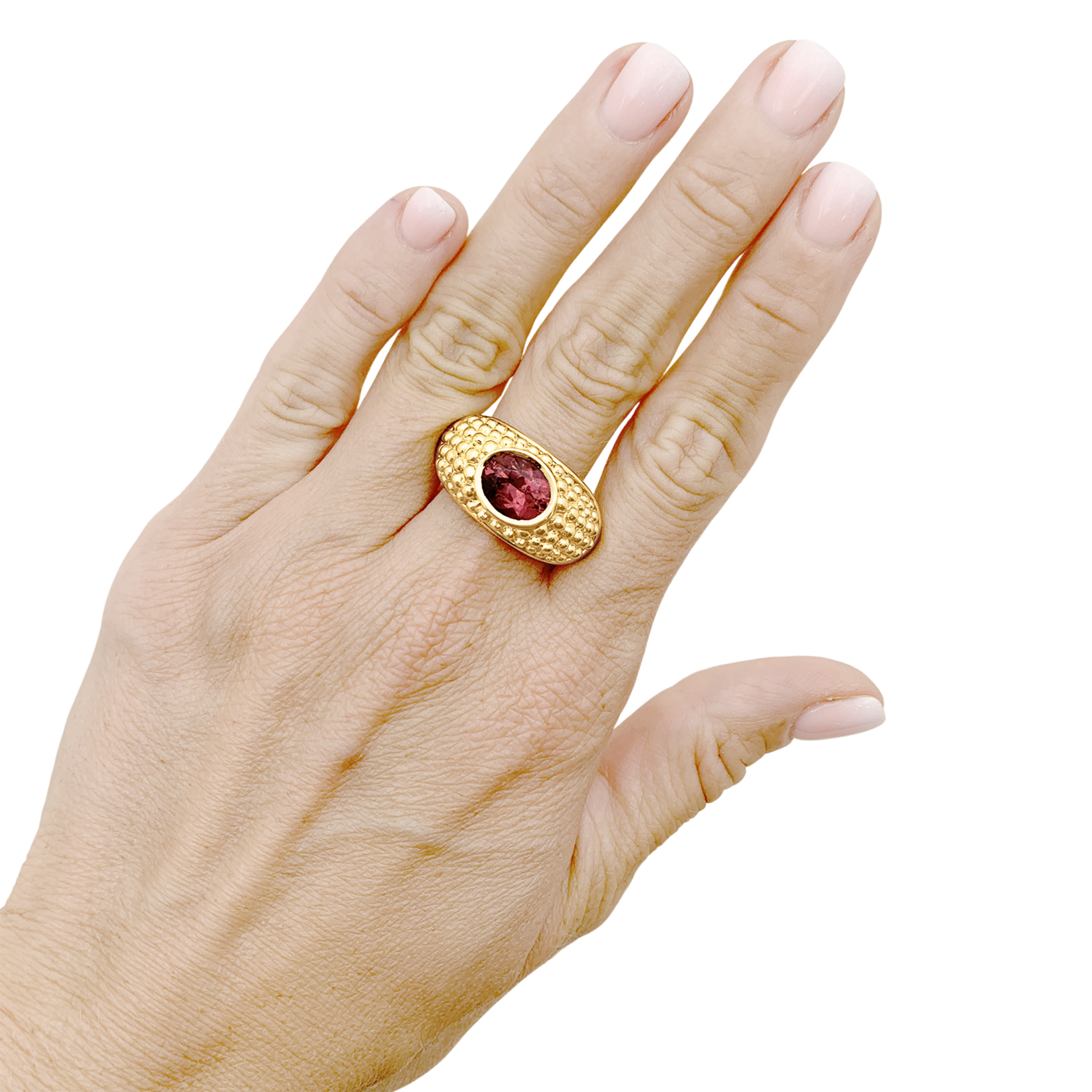 Bague Hérail, "Babul Work", or jaune, tourmaline rose.  5