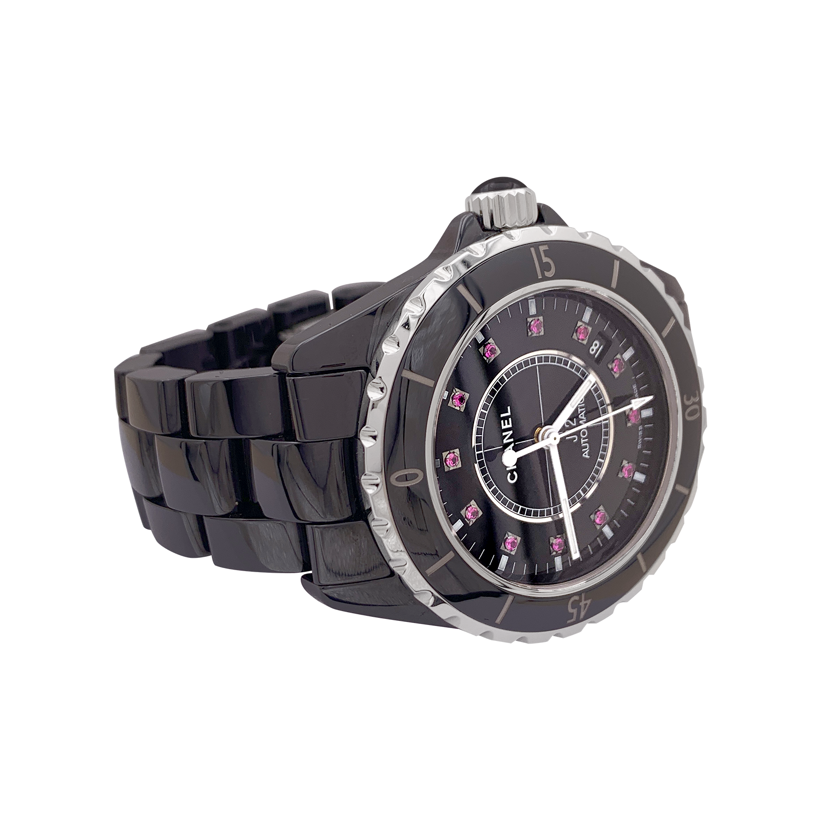 Montre Chanel, "J12", céramique noire, rubis, acier. 3