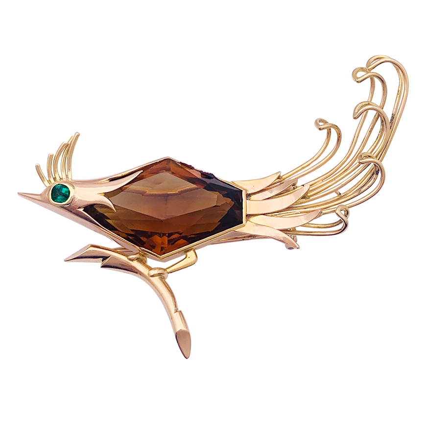Broche vintage, "Oiseau de Paradis", or rose, citrine, émeraude. 3