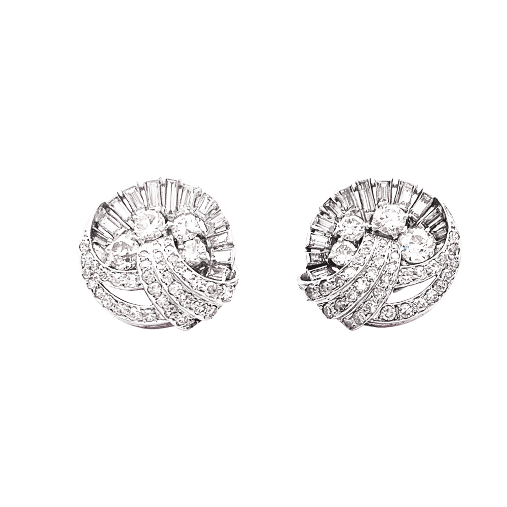 Boucles d'oreilles vintage diamants, platine. 2