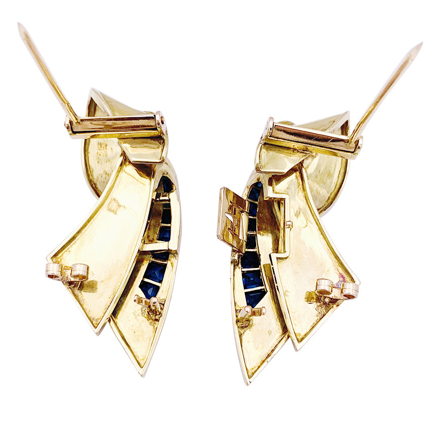 Broche vintage "Ruban" double clips or rose, pierres bleues. 5