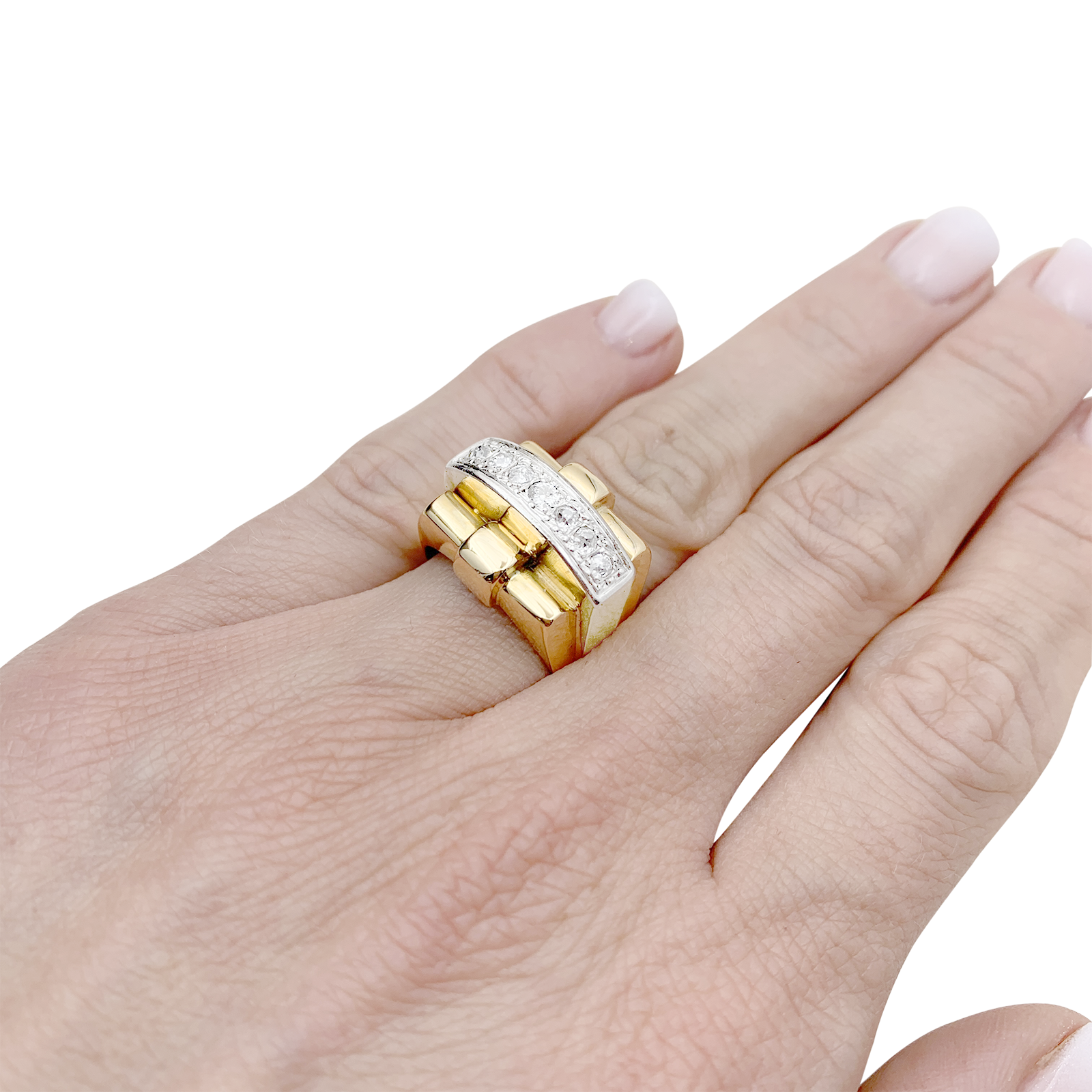 Bague Tank en or jaune, platine, diamants. 6