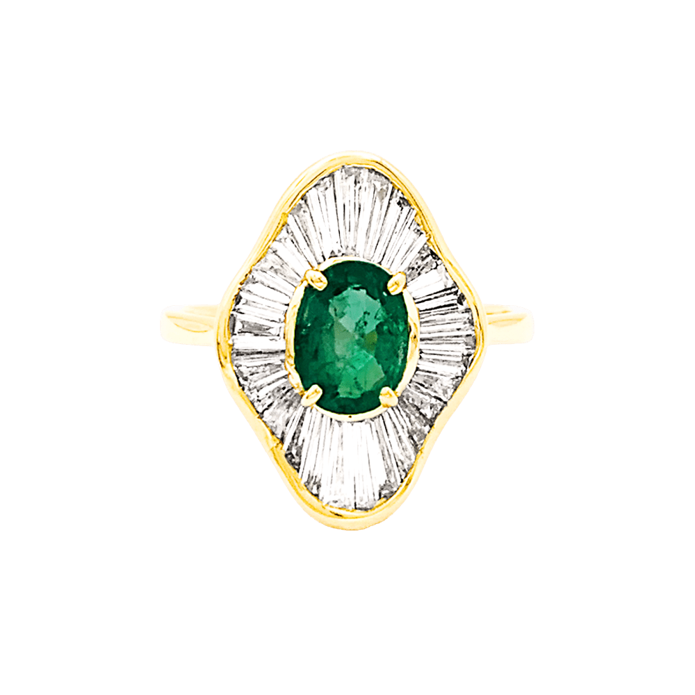 Bague "Jupe", or jaune, diamants, émeraude.  1
