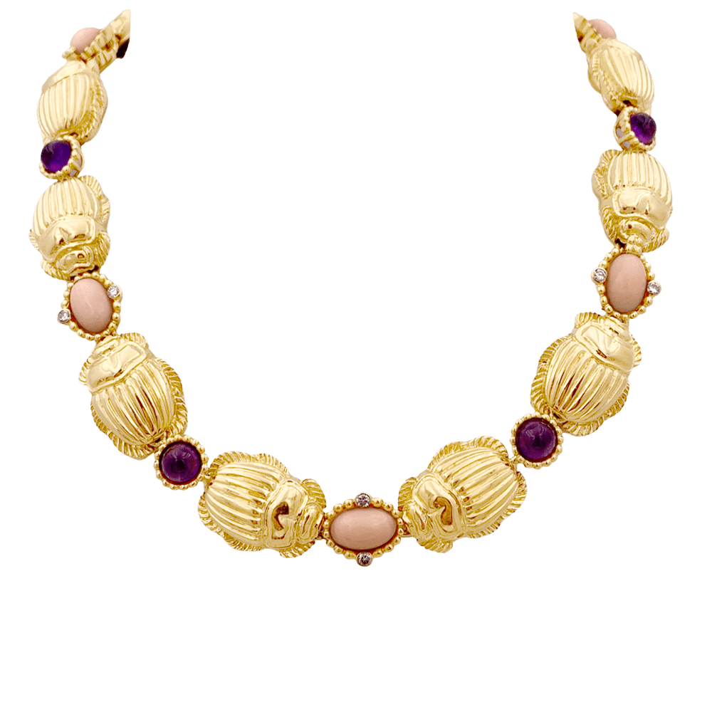 Collier transformable en deux bracelets or jaune, corail, améthyste et diamants. 1