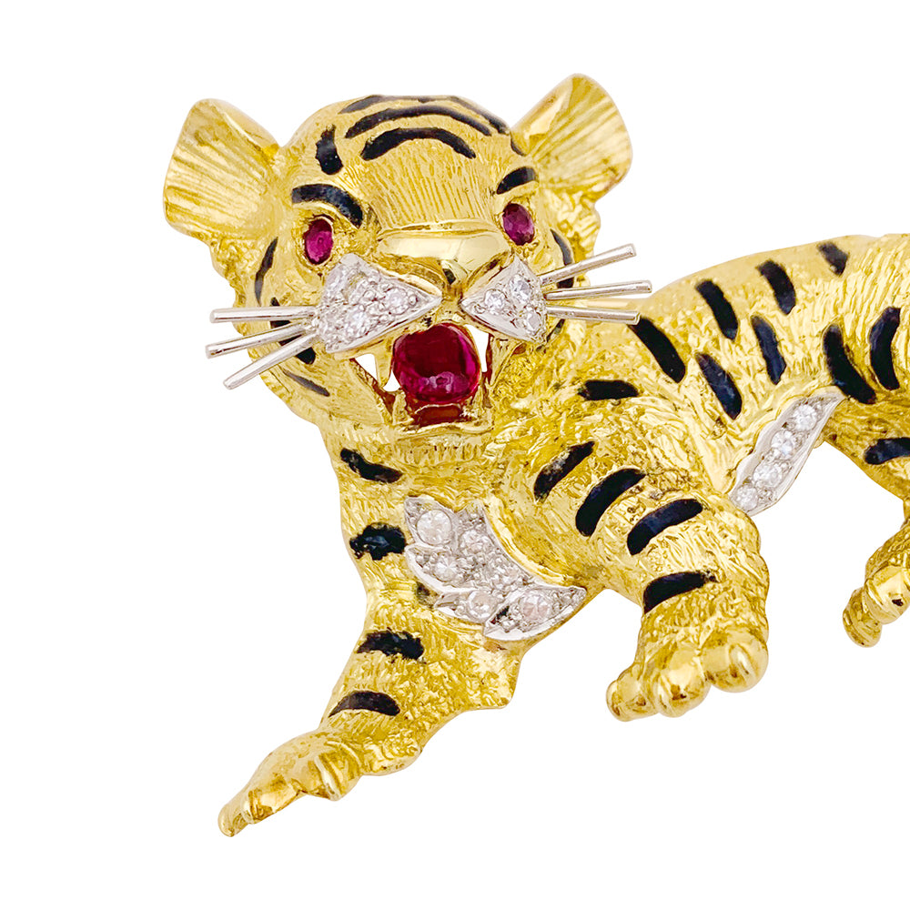 Broche Sanz, "Tigre", or jaune, diamants, rubis, émail. 4