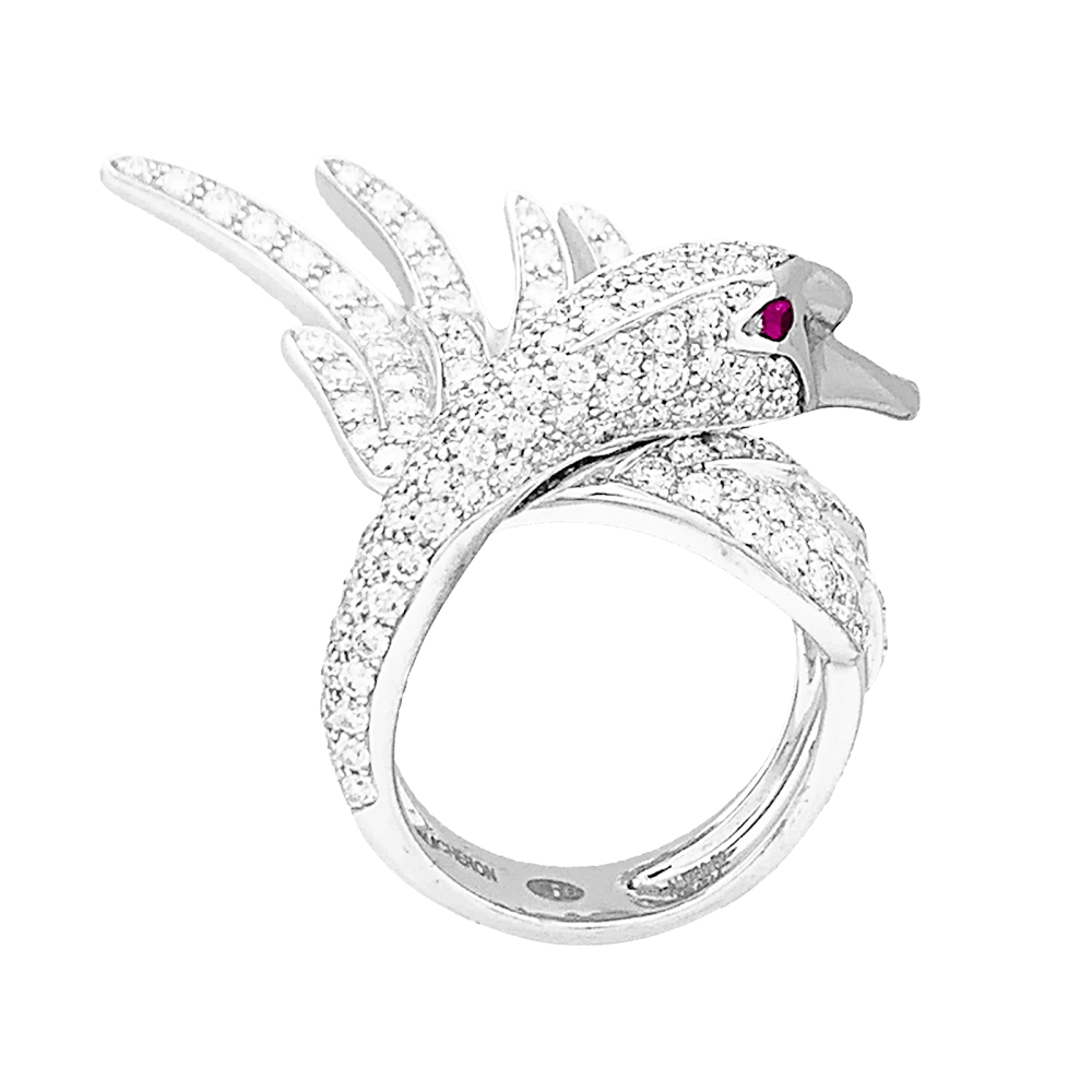 Bague Boucheron, "Animaux de Collection : "Cypris, le Cygne", or blanc, diamants, rubis. 2