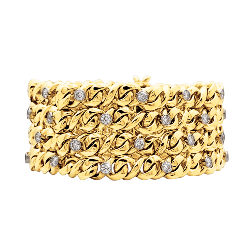 Bracelet ruban 4 rangs, or jaune, platine et diamants. 1