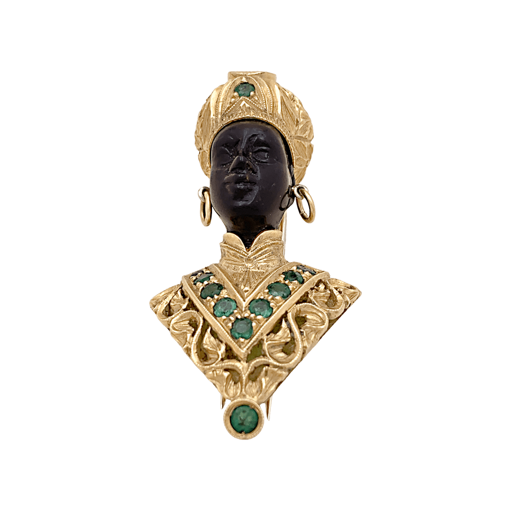 Broche G.NARDI, "Moretto", or jaune, émeraudes, ébène. 1
