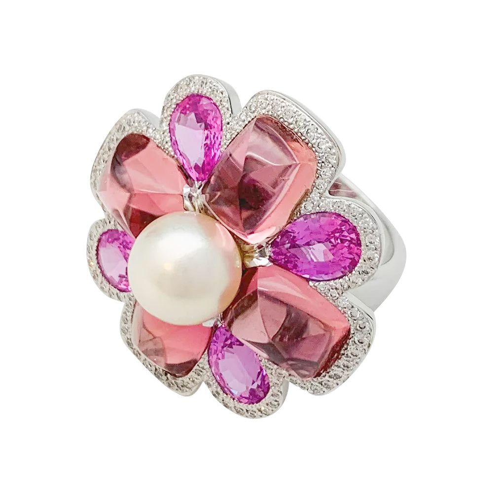Bague Chanel, "San Marco", or blanc, perle, saphirs roses, tourmalines roses, diamants. 7
