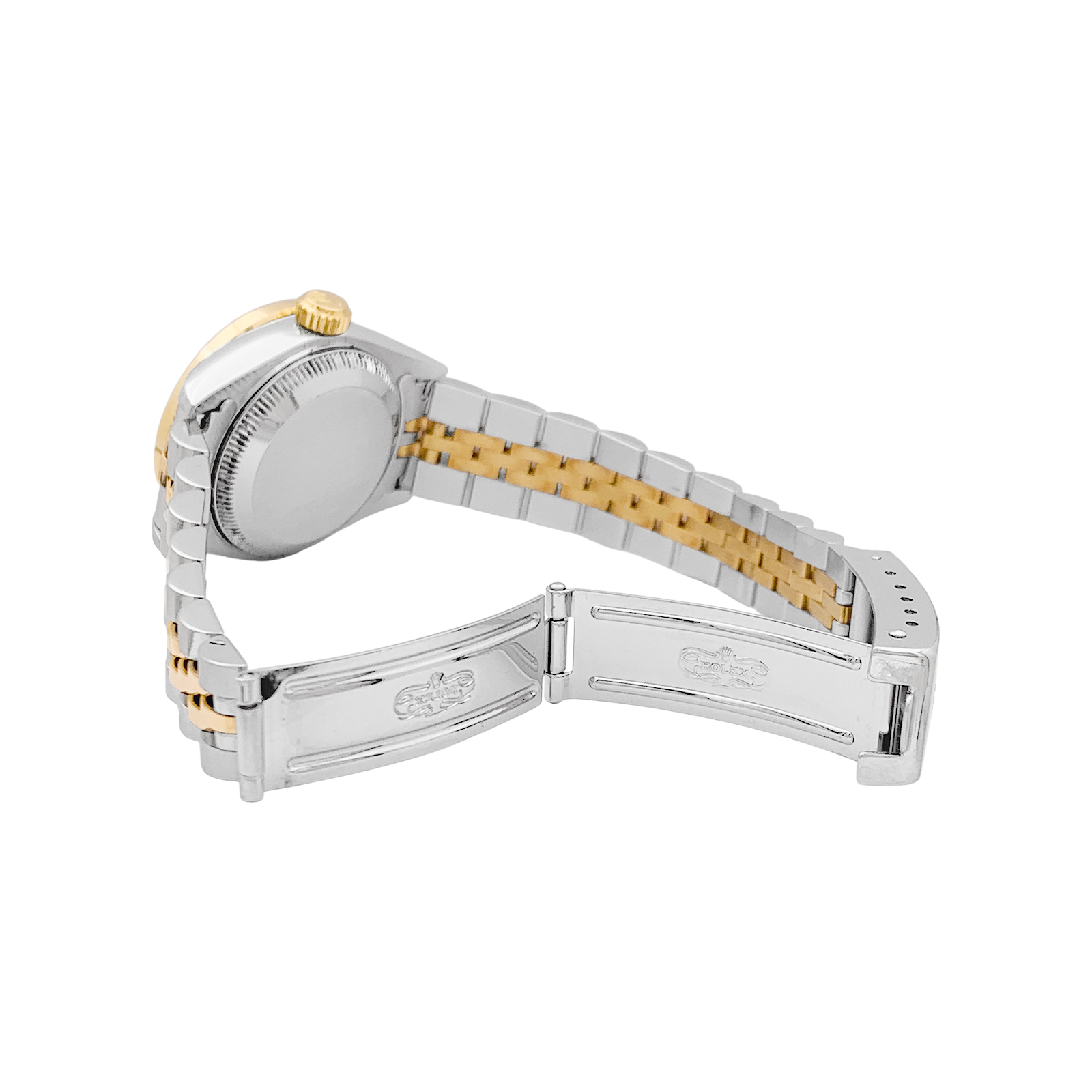 Montre Rolex, "Oyster Perpetual Datejust", or jaune, acier, diamants. 4
