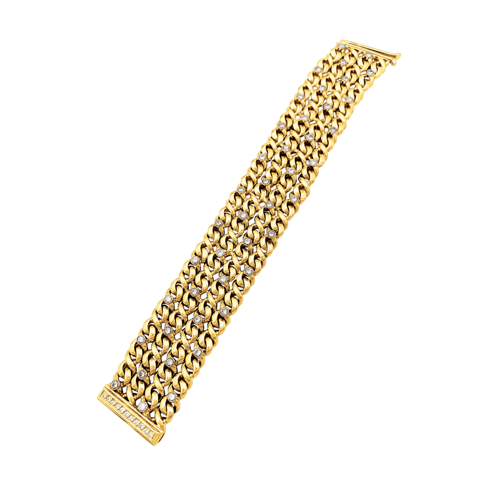 Bracelet ruban 4 rangs, or jaune, platine et diamants. 3