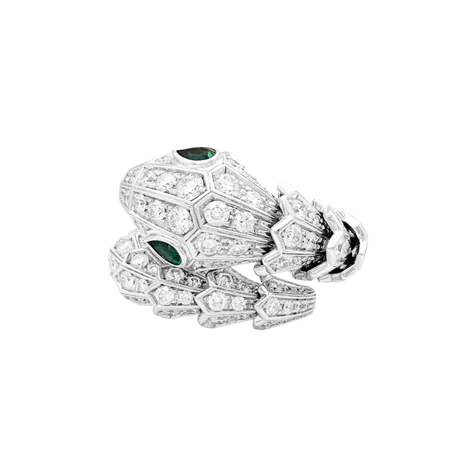 Bague BULGARI "Serpenti", en or blanc, diamants et émeraudes. 2
