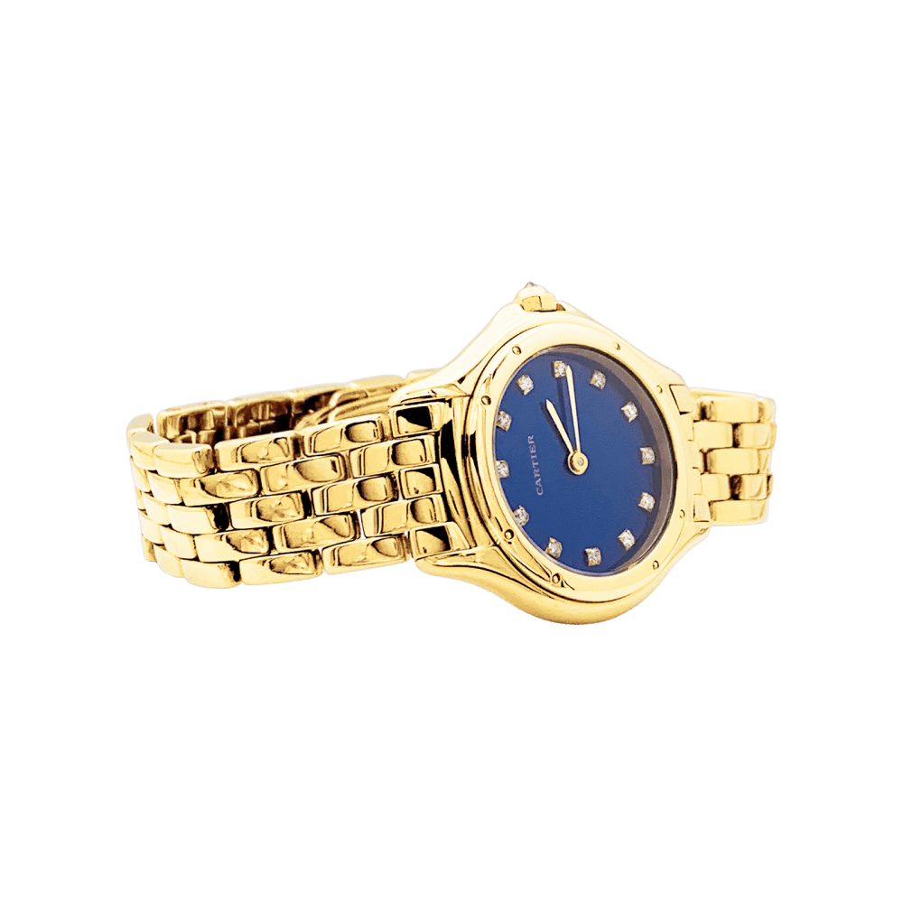 Montre Femme CARTIER, "Cougar", or jaune, index diamants.  4