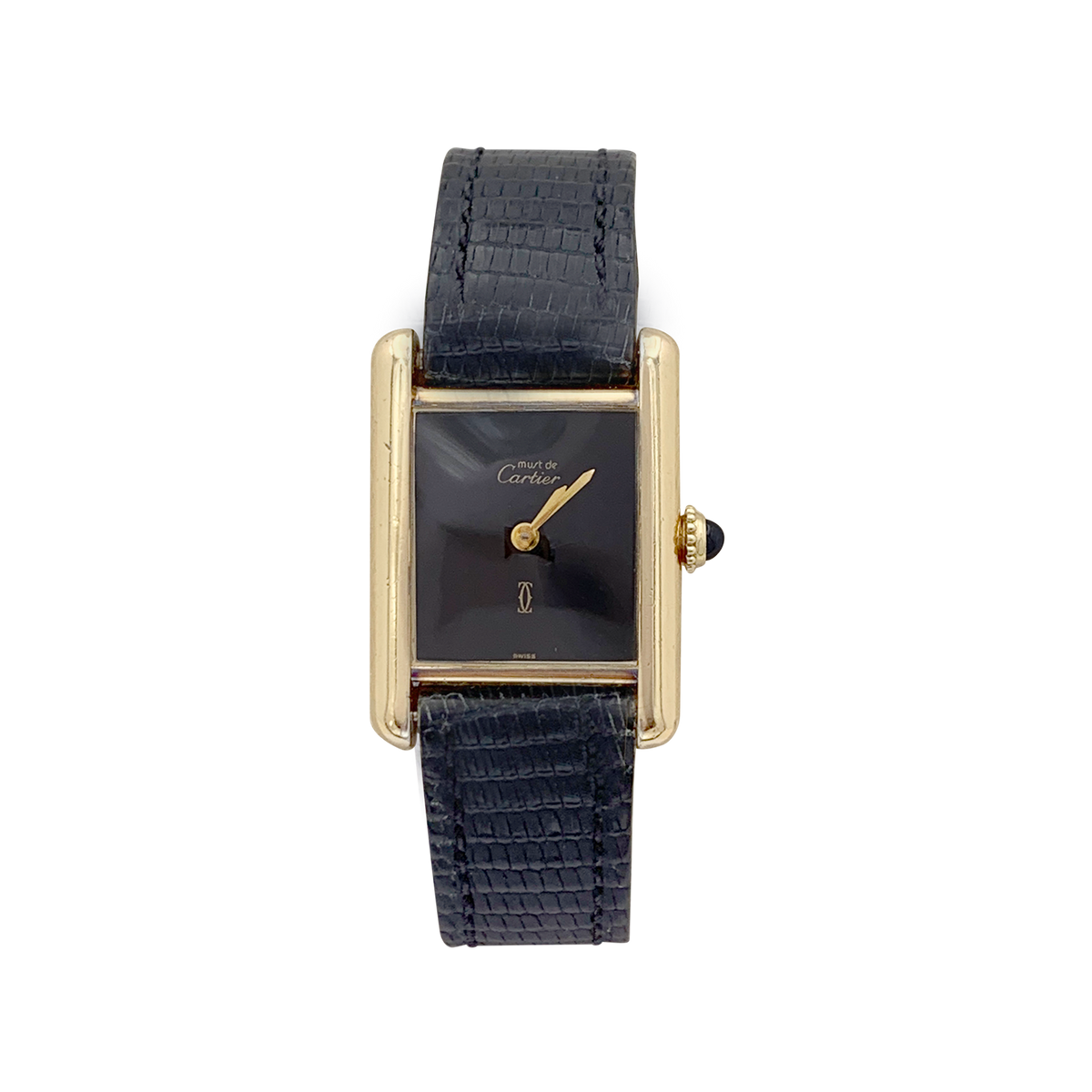 Reloj Cartier “Tank Must”, plata bañada en oro, esfera lacada en negro