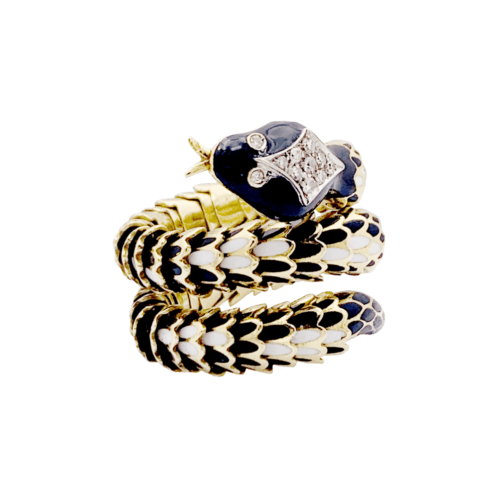 Bague vintage, «Serpent», or jaune, émail, diamants. 2