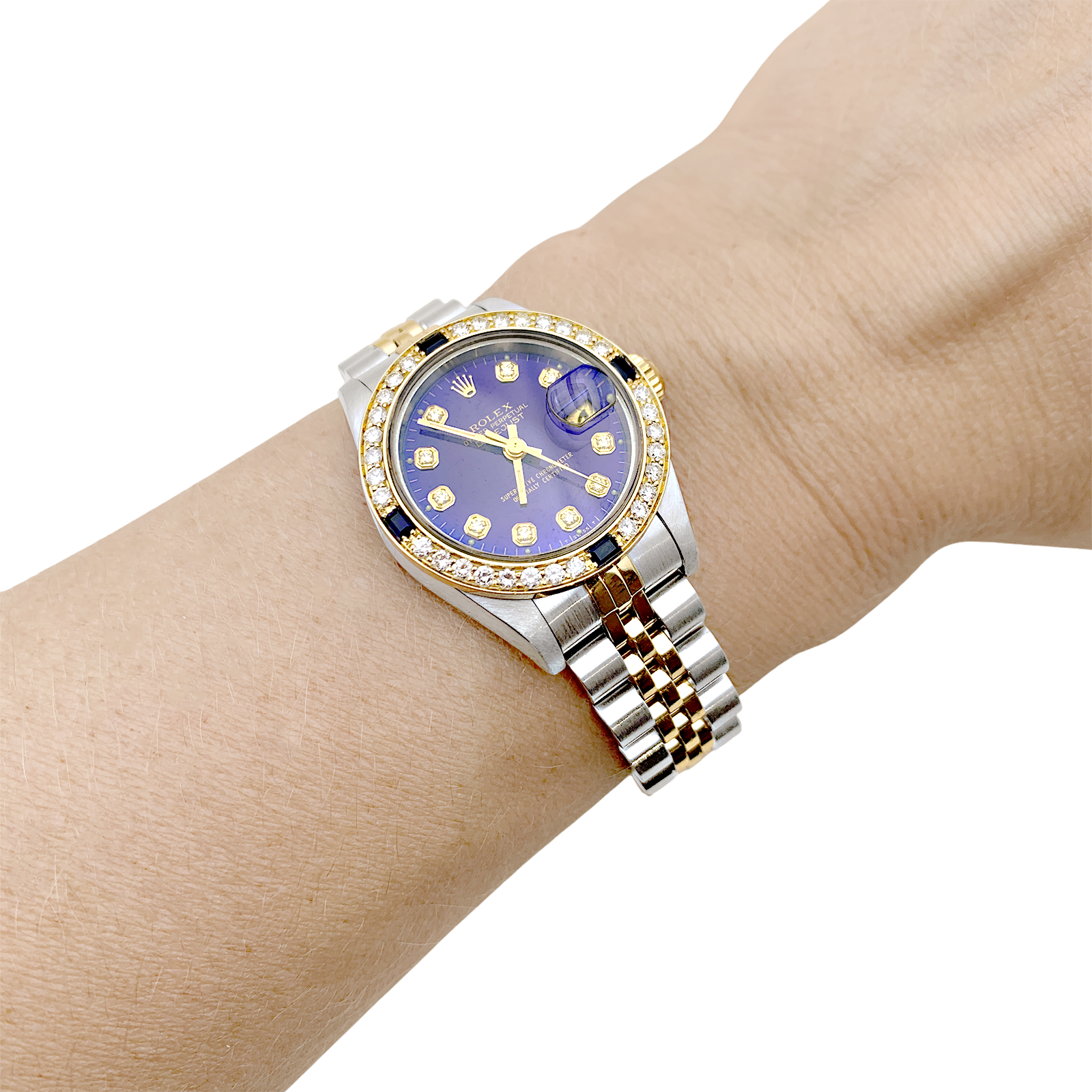 Montre Rolex, "Oyster Perpetual Datejust", or jaune, acier, diamants. 6