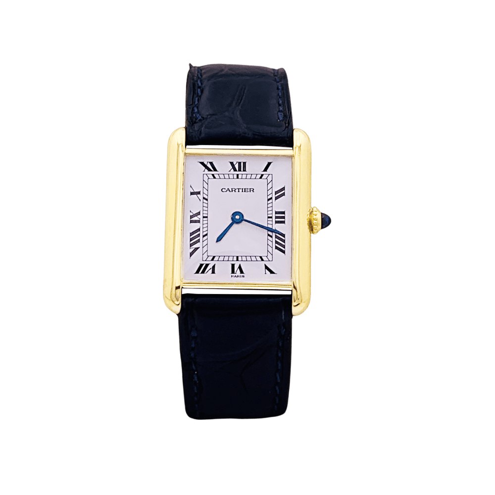 Montre Cartier, "Tank Louis Cartier", or jaune, bracelet cuir.  1
