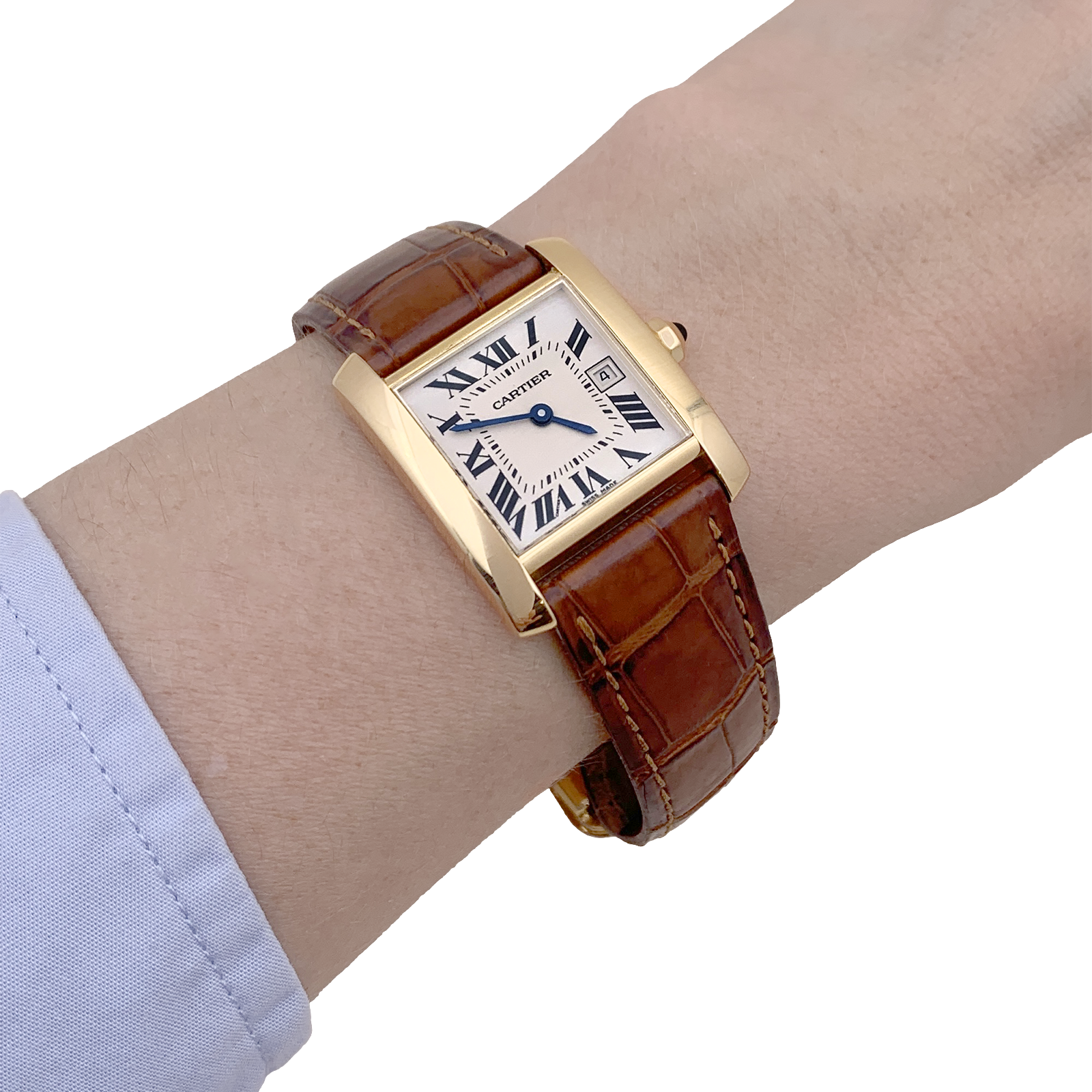 Montre Cartier, "Tank Française", or jaune, cuir. 6