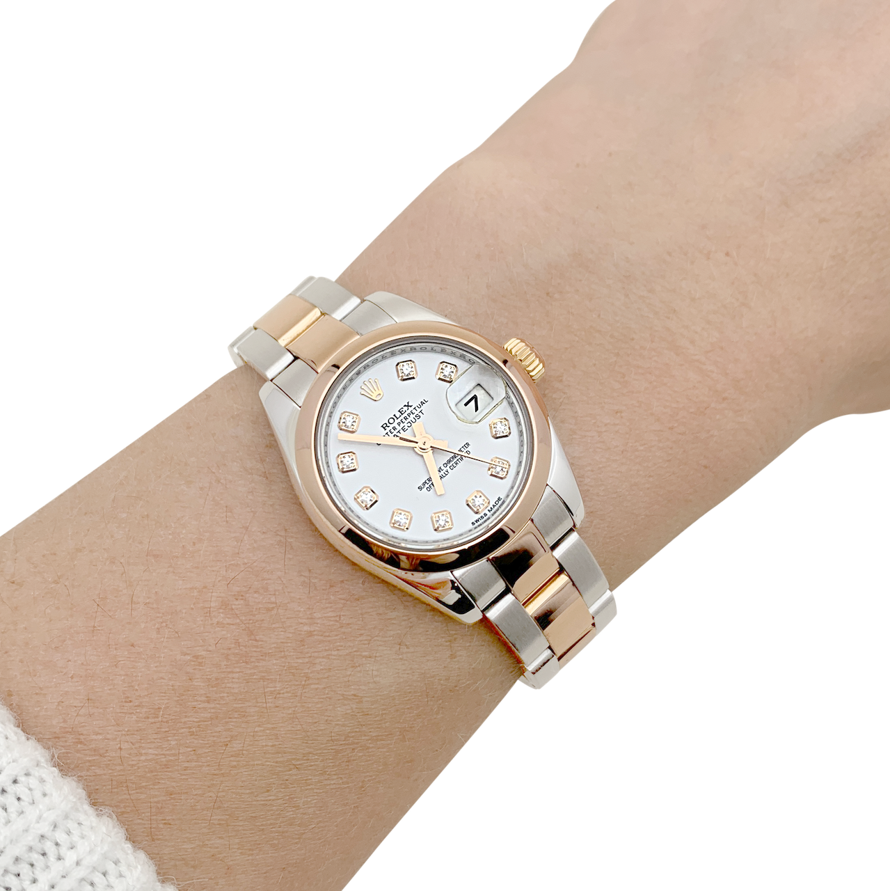 Montre Rolex, "Oyster Perpetual Datejust", or rose, acier, diamants. 6