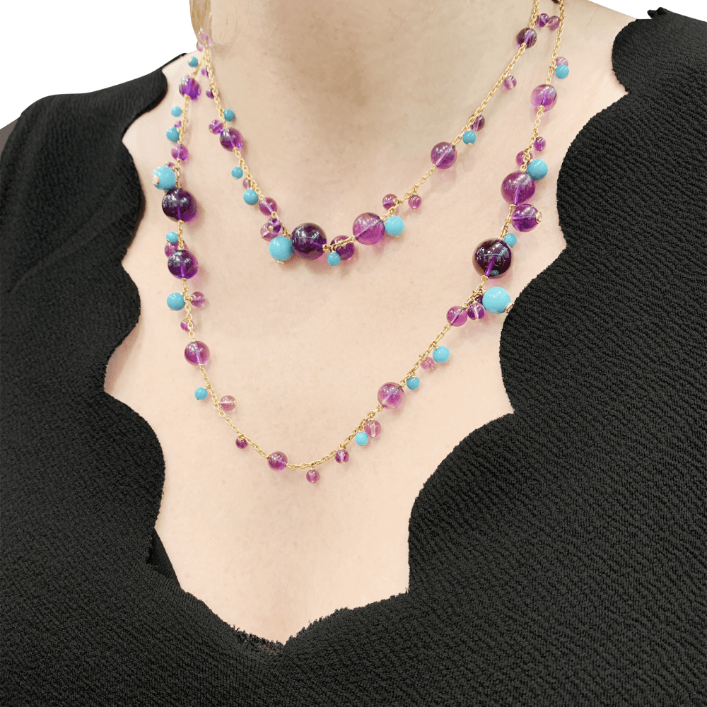Sautoir Cartier, "Délices de Goa", or rose, améthystes, turquoises et diamants. 6