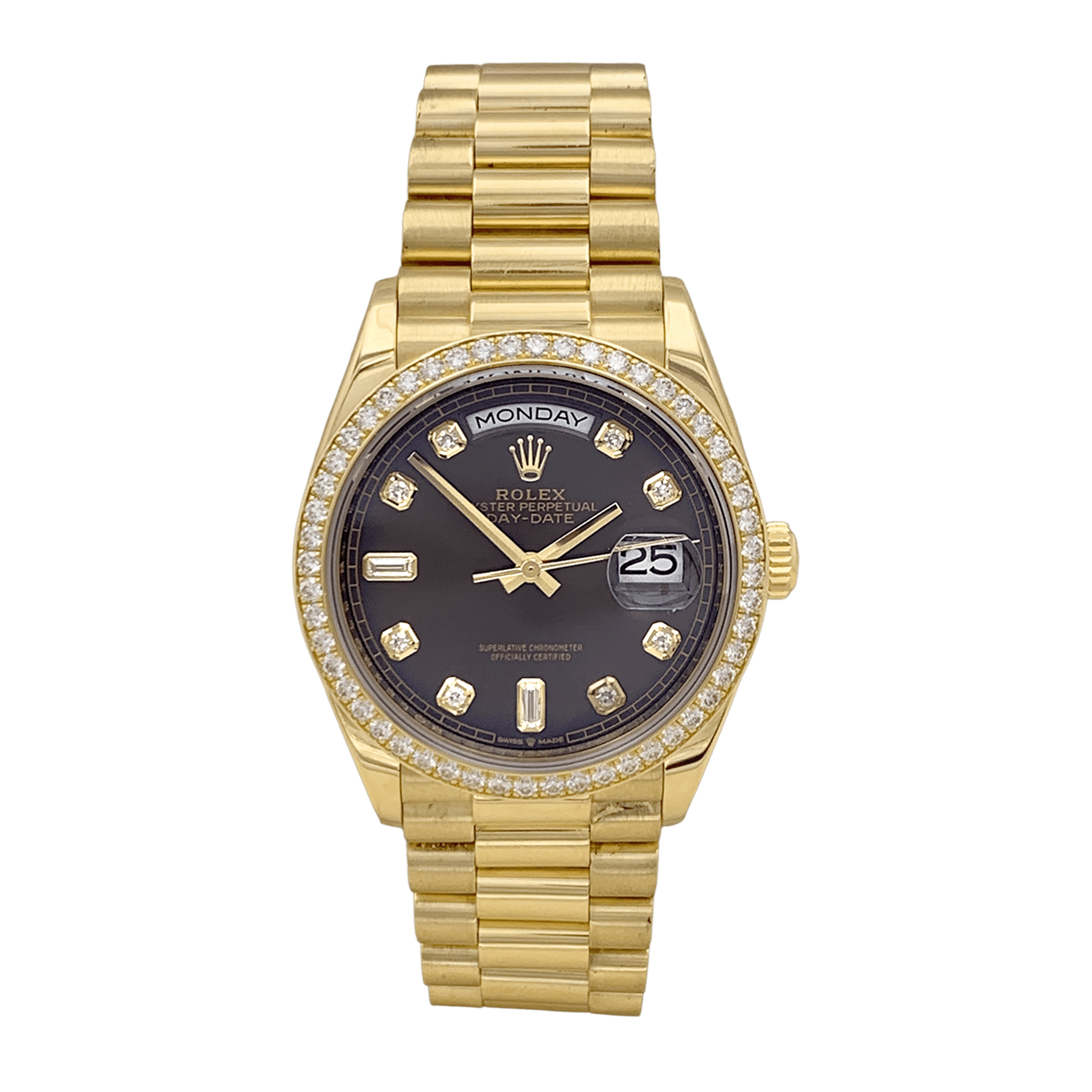 Montre Rolex, "Oyster Perpetual Day-Date", or jaune, diamants.  1