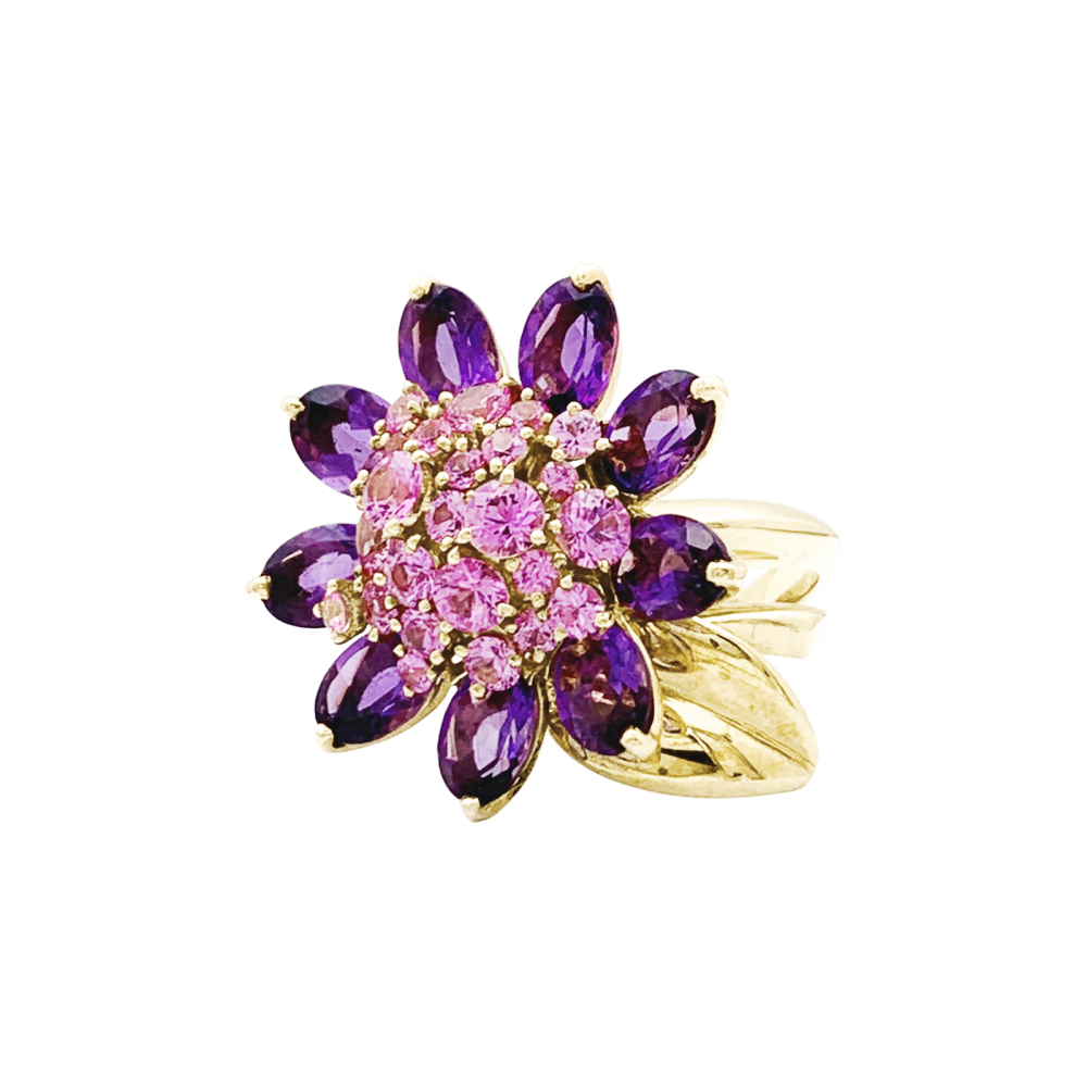 Bague Van Cleef & Arpels, "Fleurs d'Hawaï", or jaune, améthyste, saphirs roses. 1