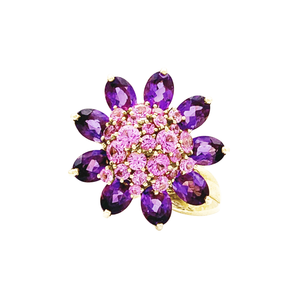 Bague Van Cleef & Arpels, "Fleurs d'Hawaï", or jaune, améthyste, saphirs roses. 2