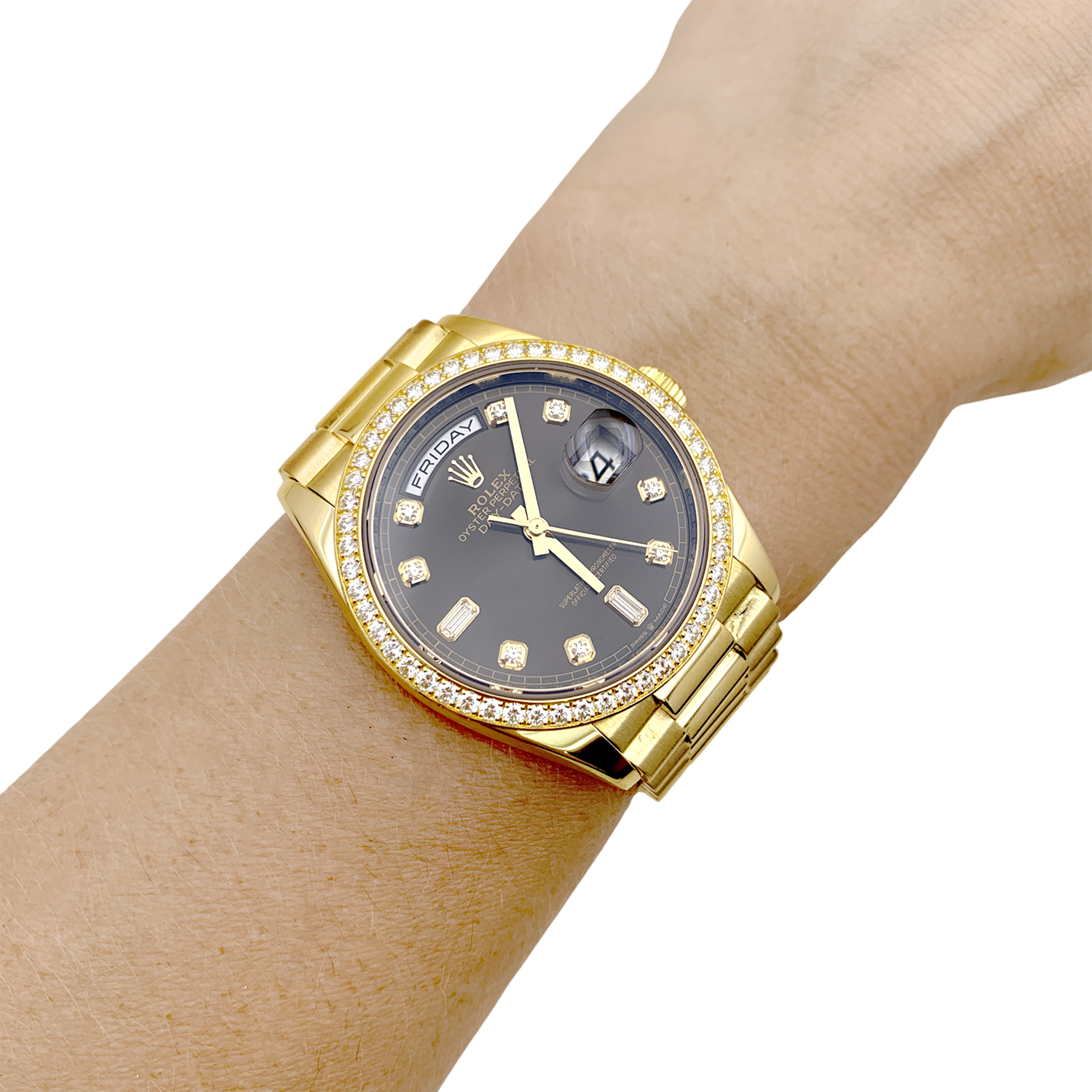 Montre Rolex, "Oyster Perpetual Day-Date", or jaune, diamants.  7