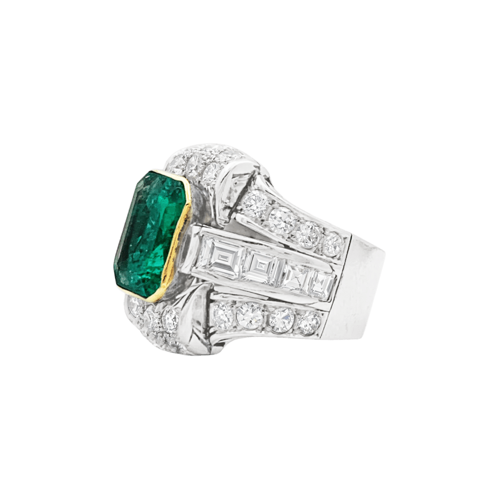 Bague émeraude de Colombie, diamants, platine, or jaune.  3