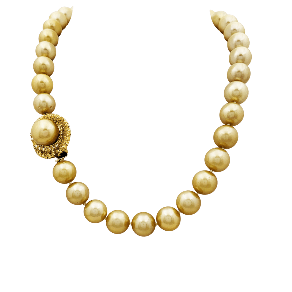 Collier perles gold, or jaune, diamants, saphirs jaunes. 1