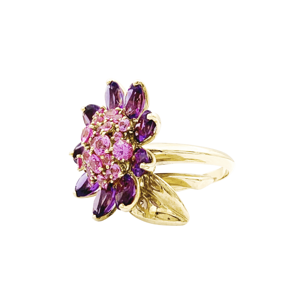 Bague Van Cleef & Arpels, "Fleurs d'Hawaï", or jaune, améthyste, saphirs roses. 5