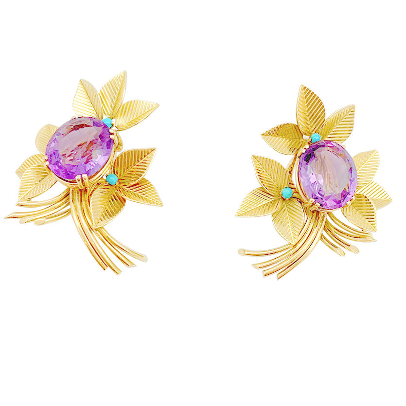 Boucles d'oreilles vintages, or jaune, améthystes, turquoises. 2