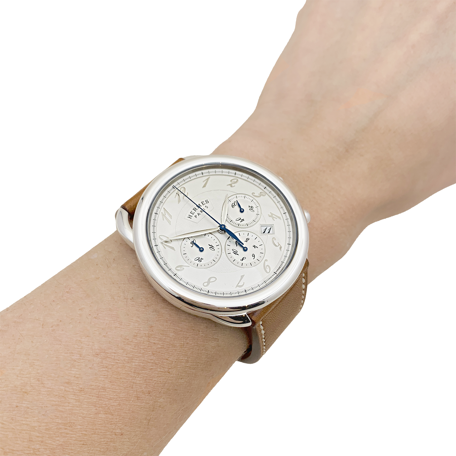 Montre Hermès, "Arceau Chronographe", acier, cuir. 6