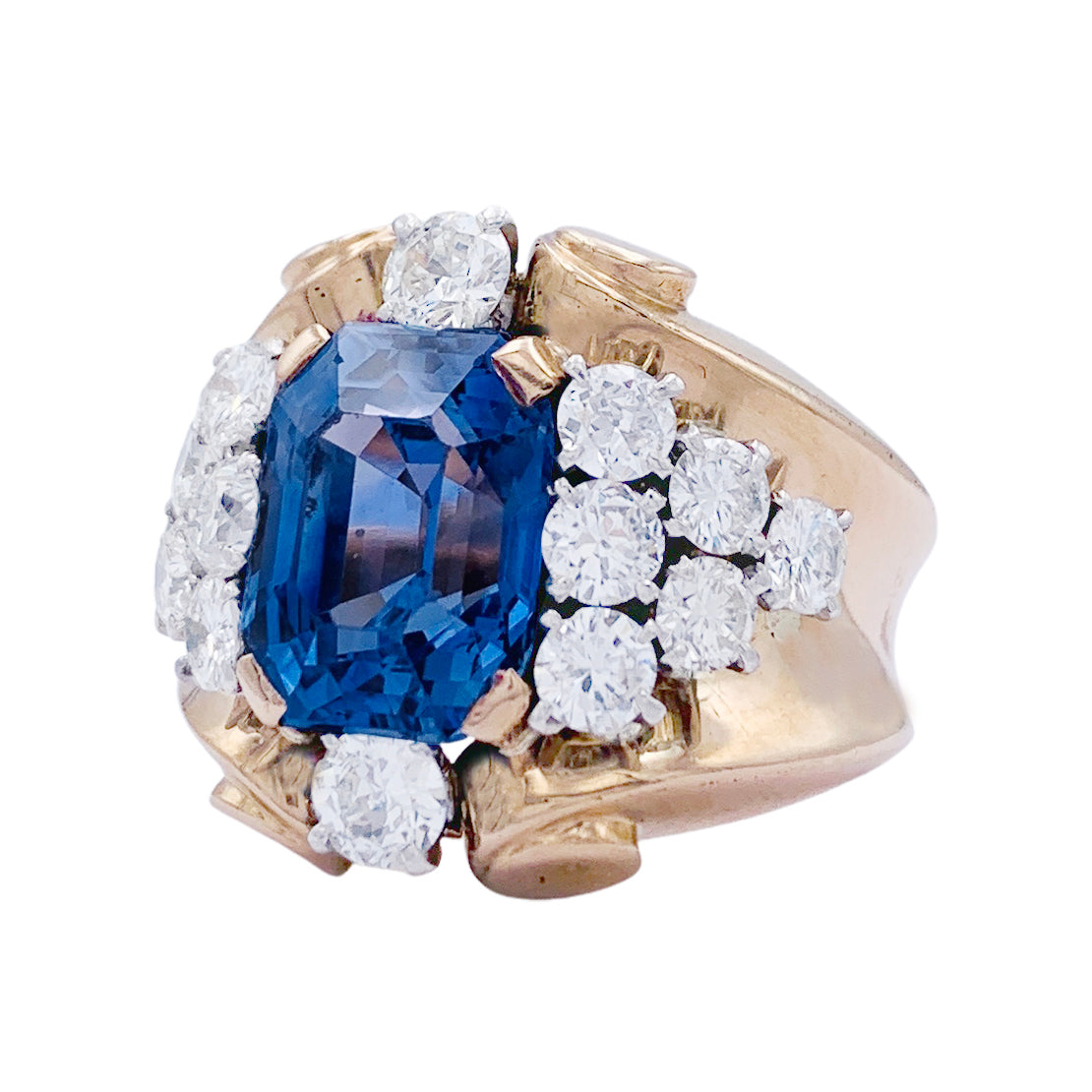 Bague vintage saphir, diamants, or jaune et platine. 4