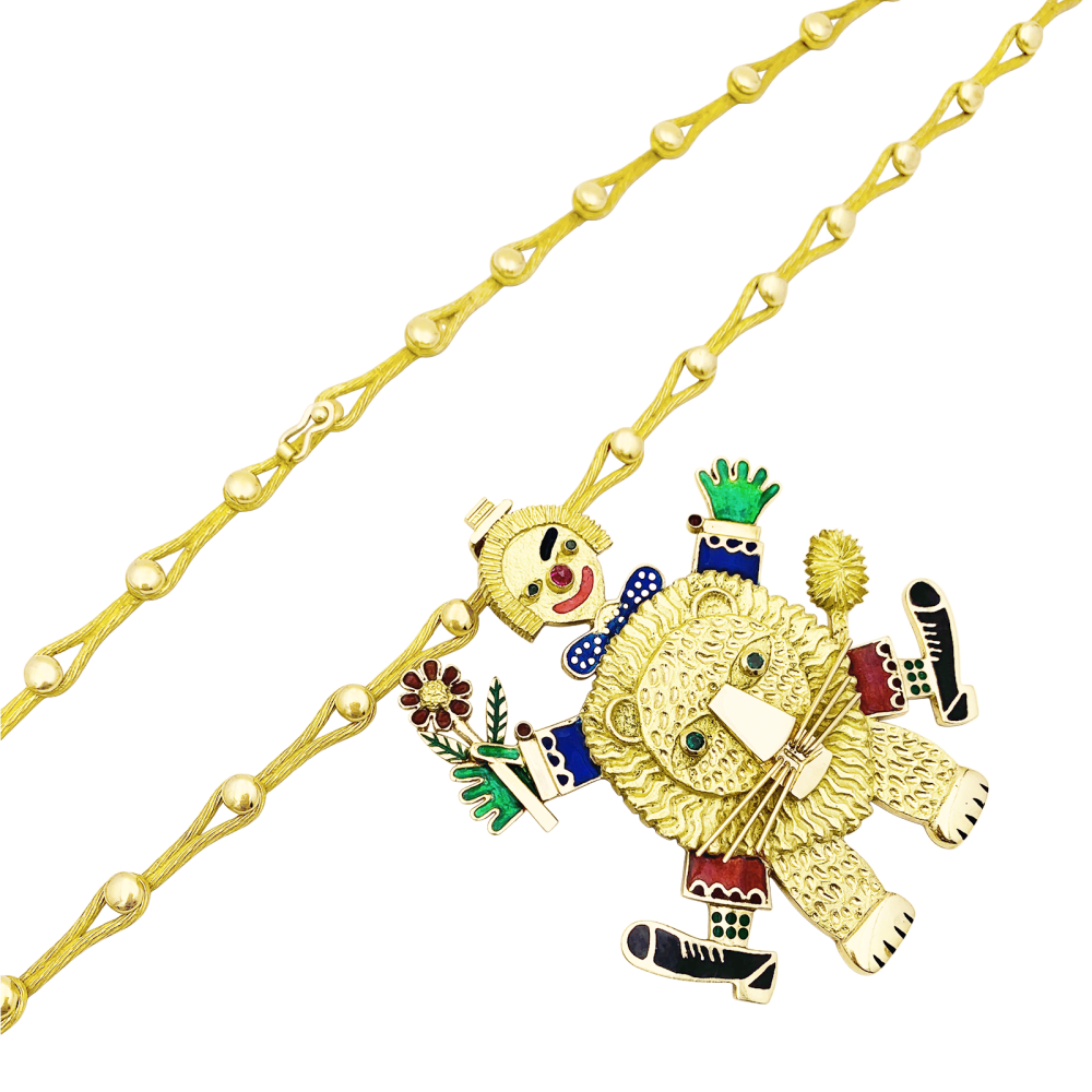 Collier Henri Hecht Maïk, "Le Clown et le Lion", or jaune, émail, rubis et émeraudes.  6