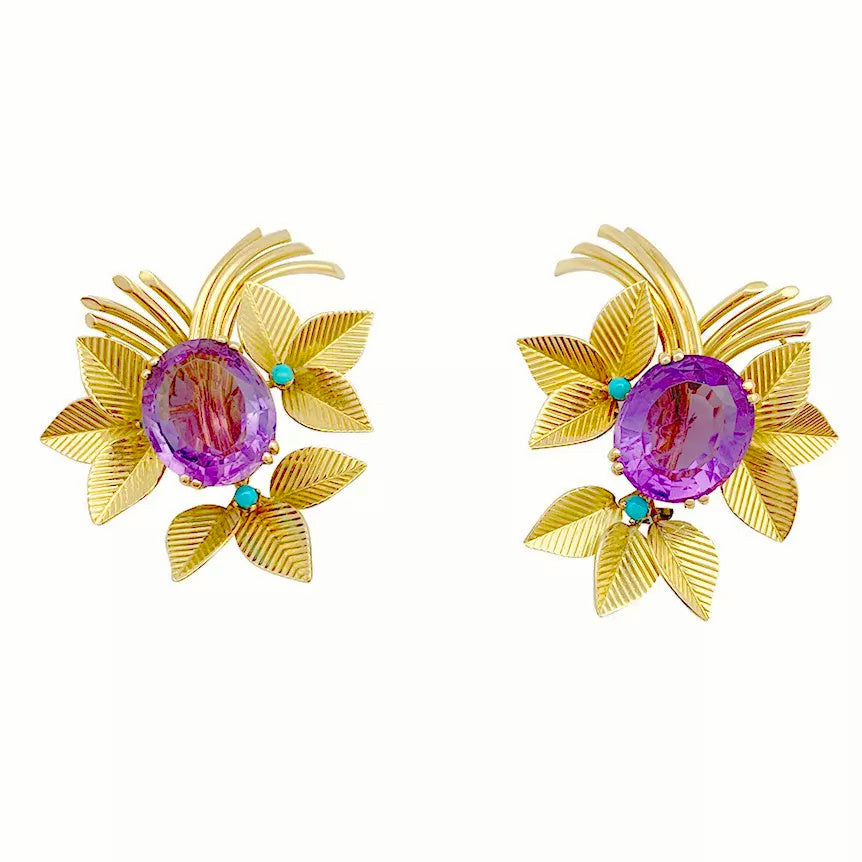 Boucles d'oreilles vintages, or jaune, améthystes, turquoises. 5