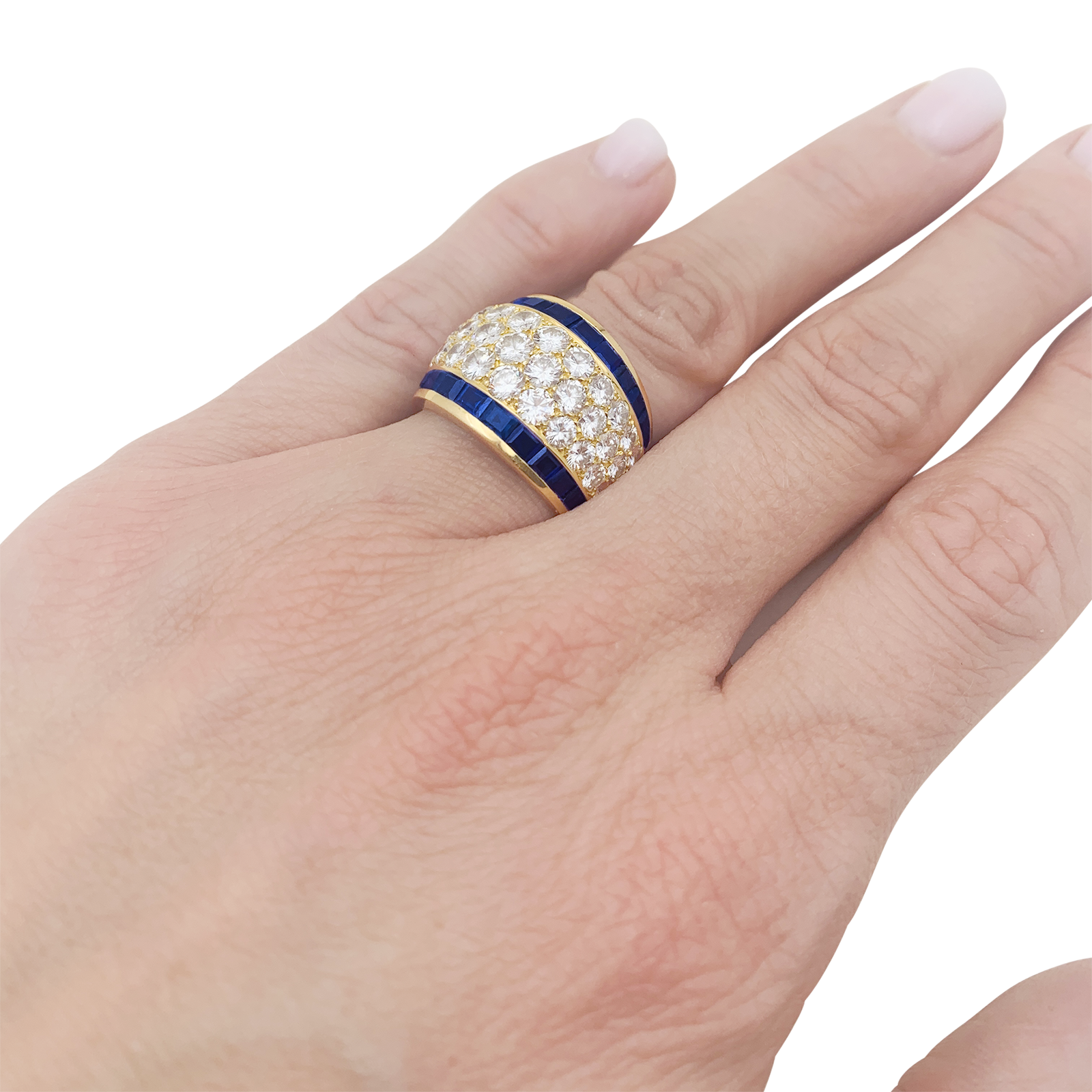 Bague vintage or jaune, diamants, saphirs calibrés. 1