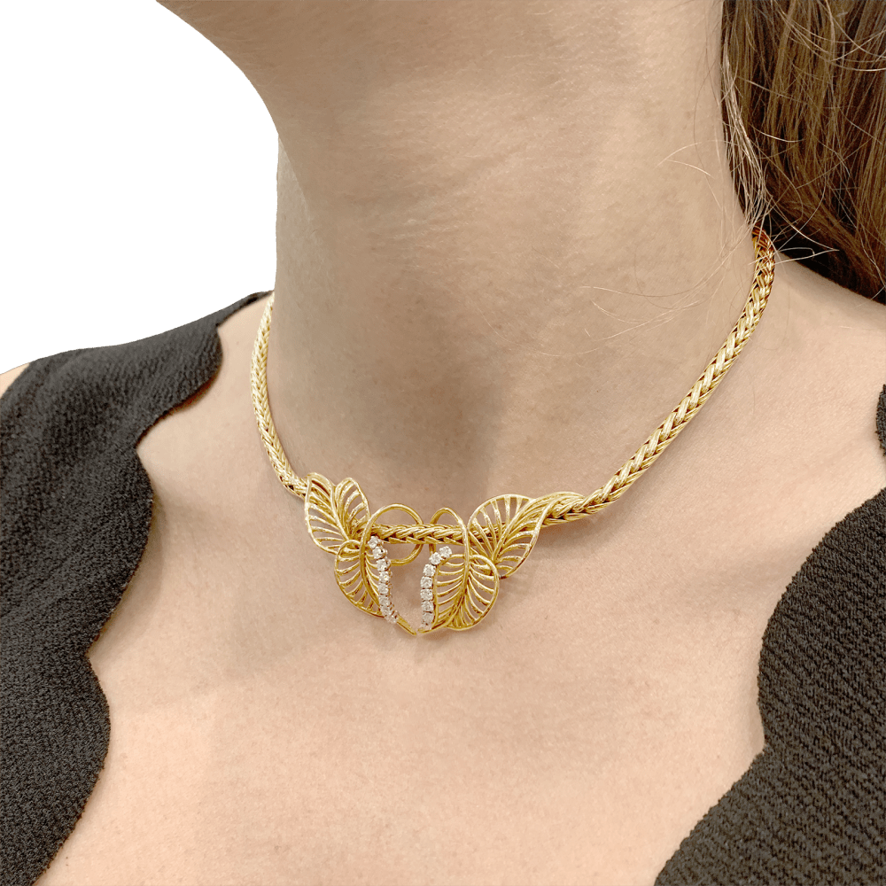 Collier "feuillages" or jaune et diamants. 7