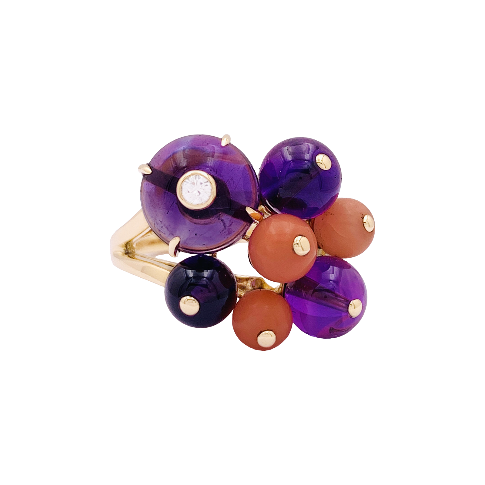 Bague Cartier, "Délices de Goa", or jaune, diamant, corail, améthystes. 1