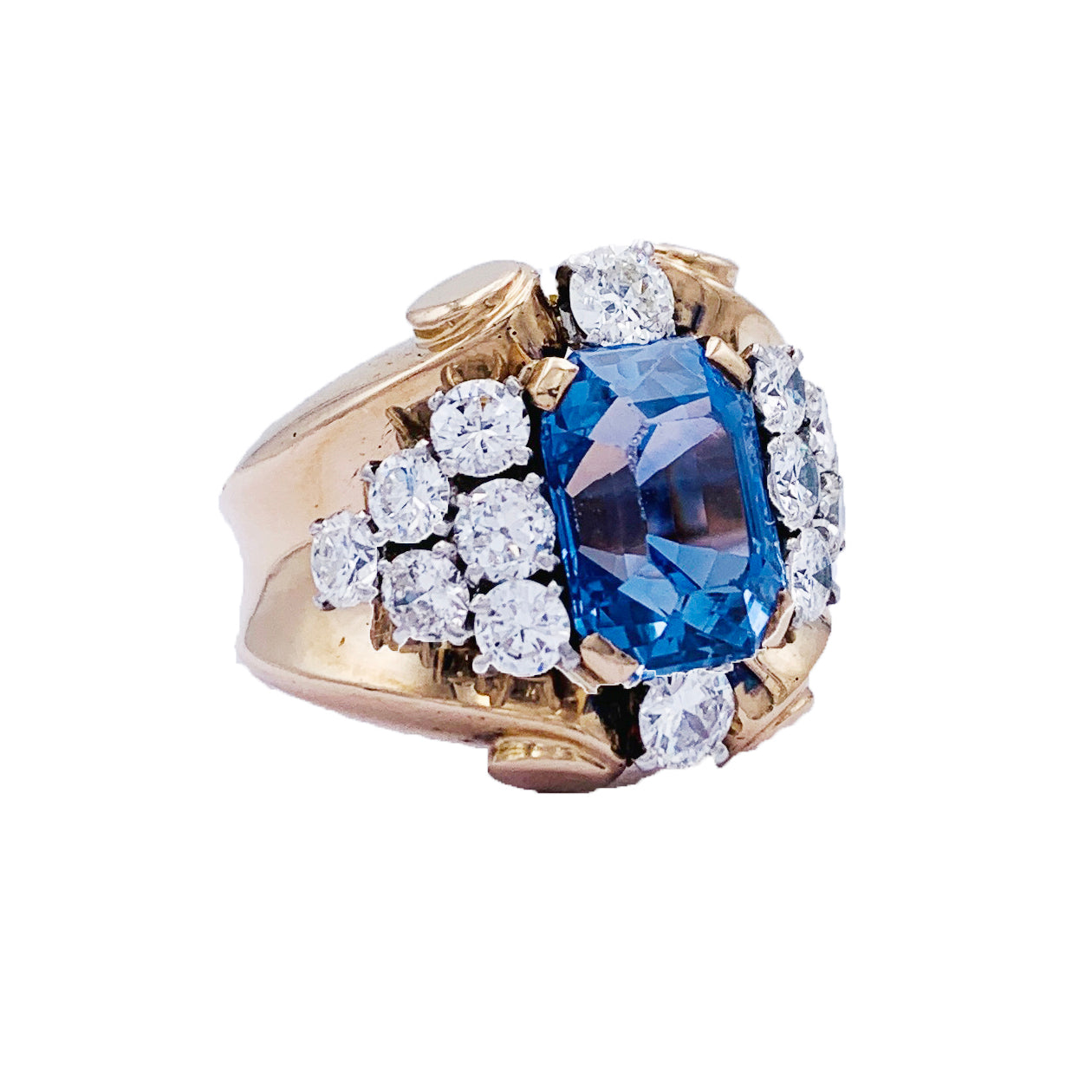 Bague vintage saphir, diamants, or jaune et platine. 6