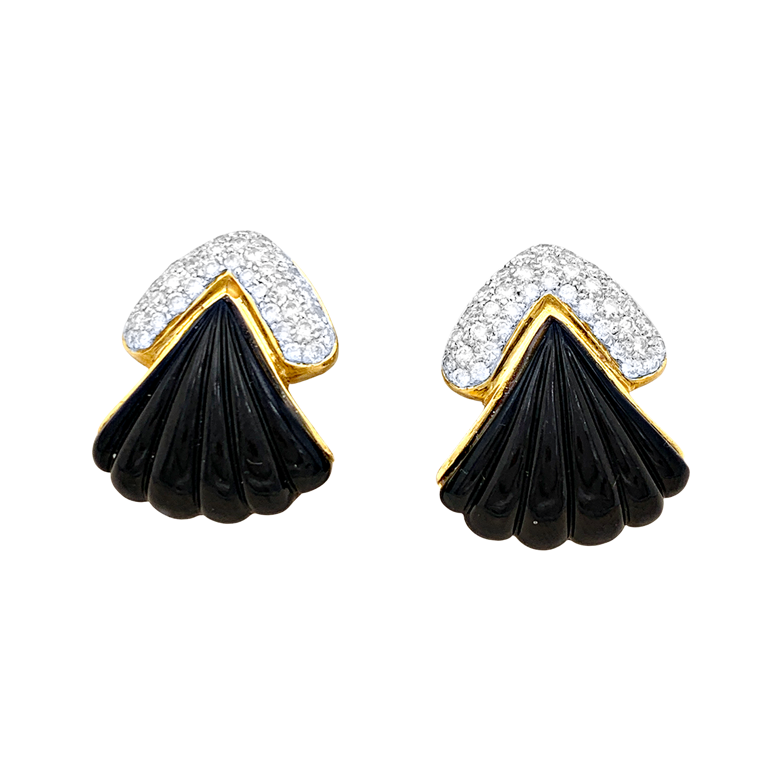 Clips d'oreilles vintage, or jaune, onyx, diamants.  2