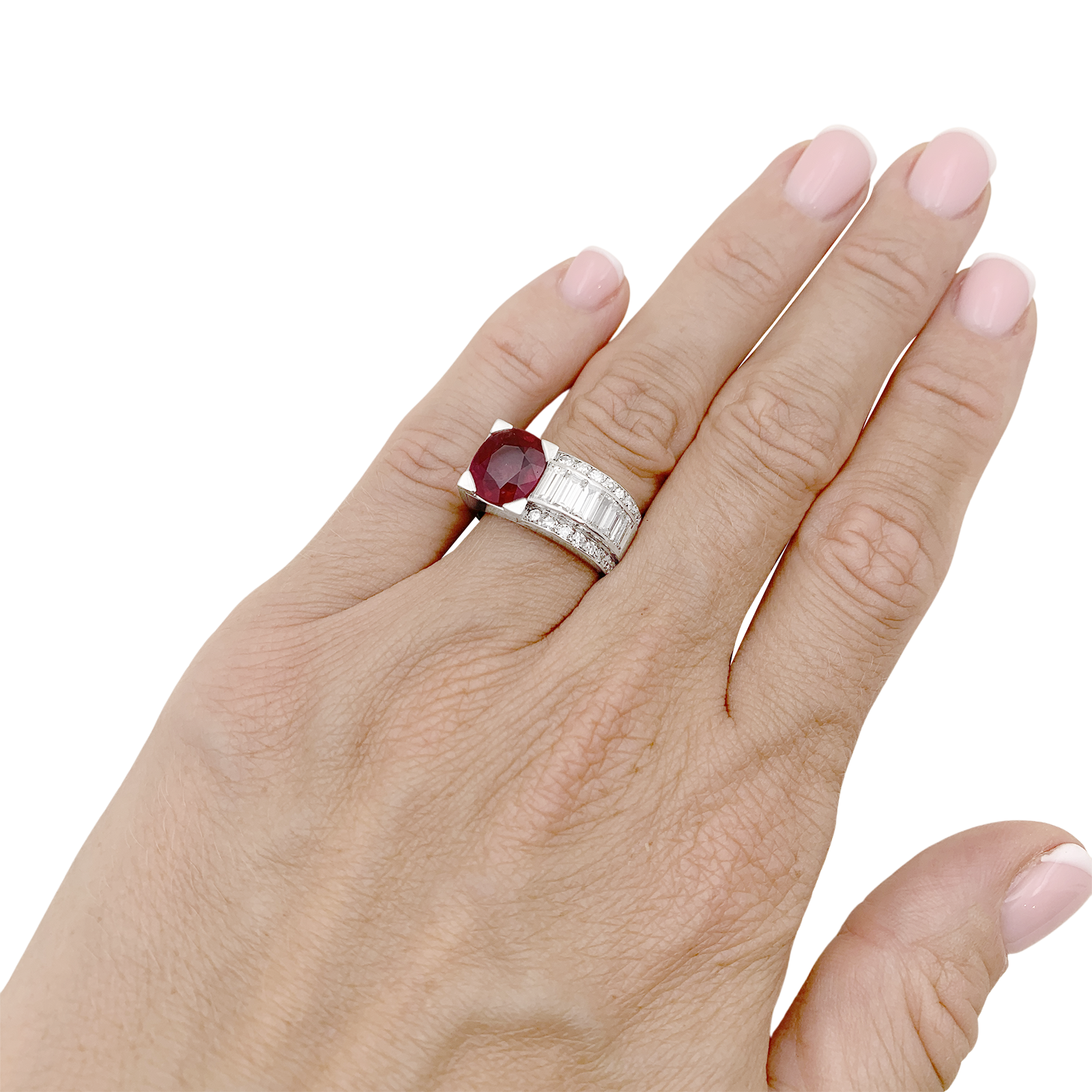 Bague tank platine, rubis et diamants. 5