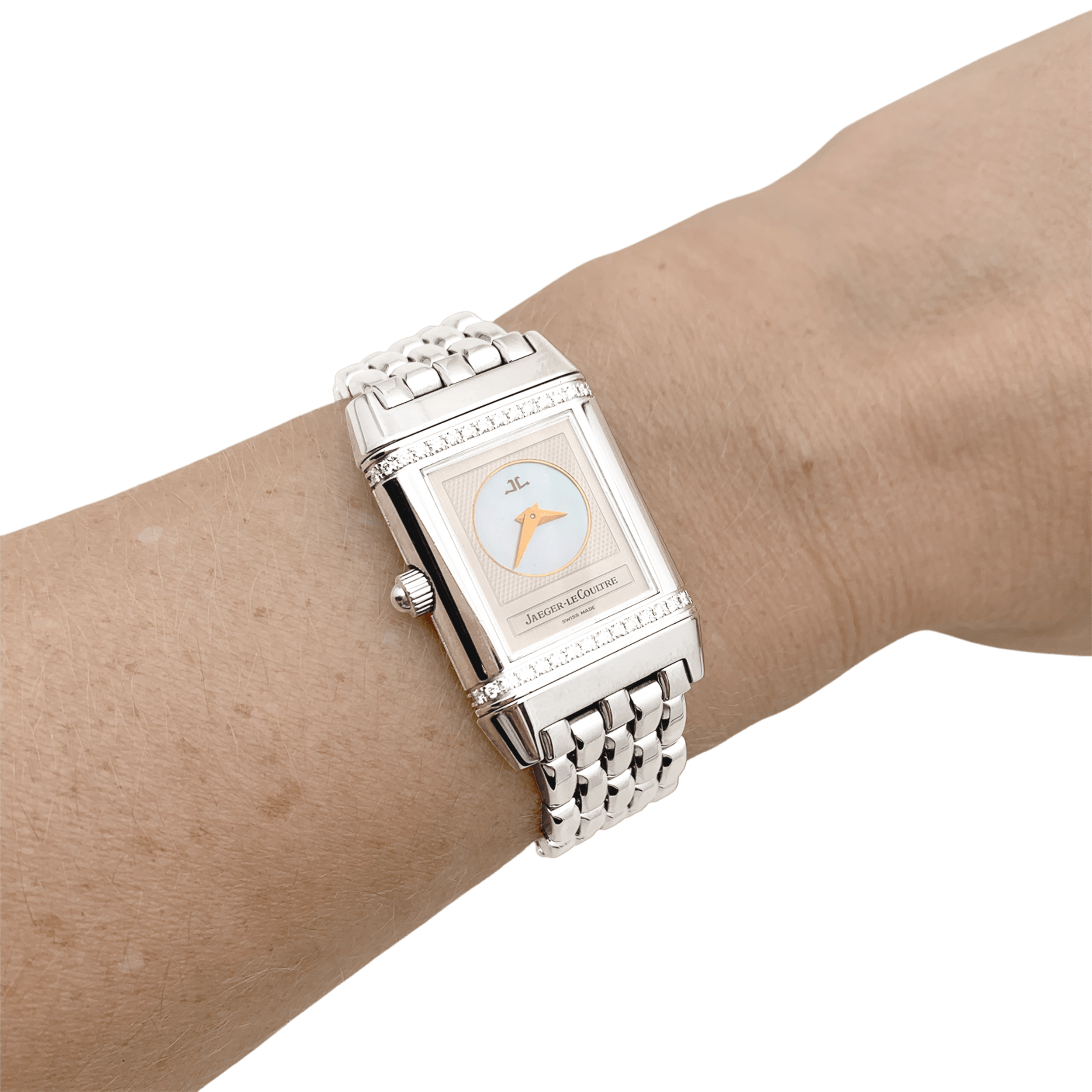 Montre Jaeger Lecoultre, "Reverso", acier et diamants.  7