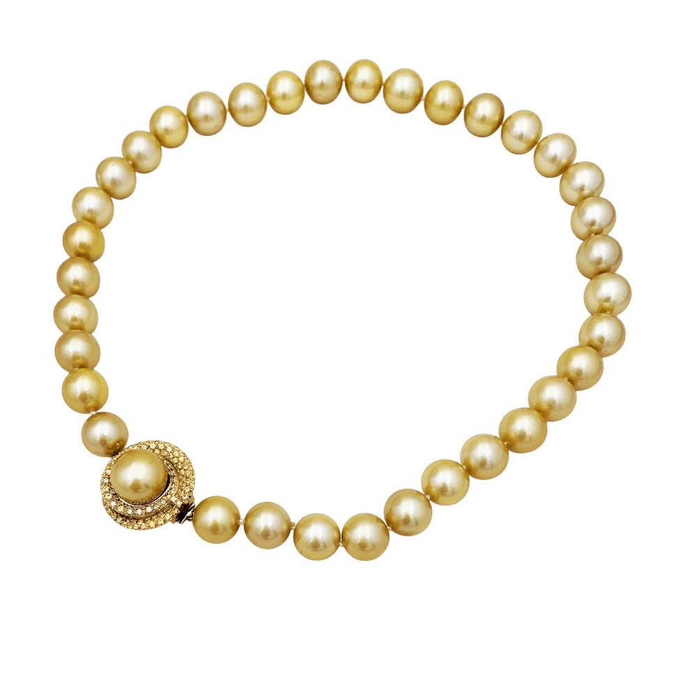 Collier perles gold, or jaune, diamants, saphirs jaunes. 3