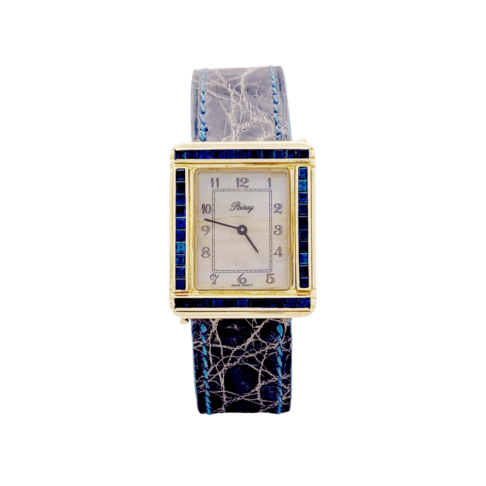 Montre Poiray, "Ma Première", or jaune, nacre, saphir, cuir.  1