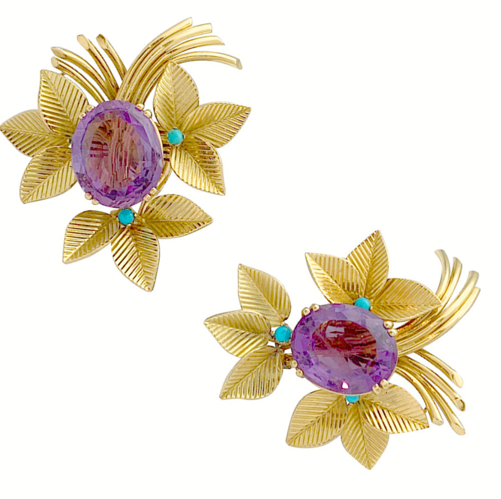Boucles d'oreilles vintages, or jaune, améthystes, turquoises. 3