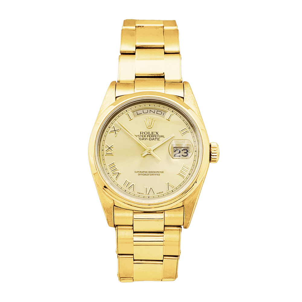 Montre Rolex, "Oyster Perpetual Day-date", or jaune.  1