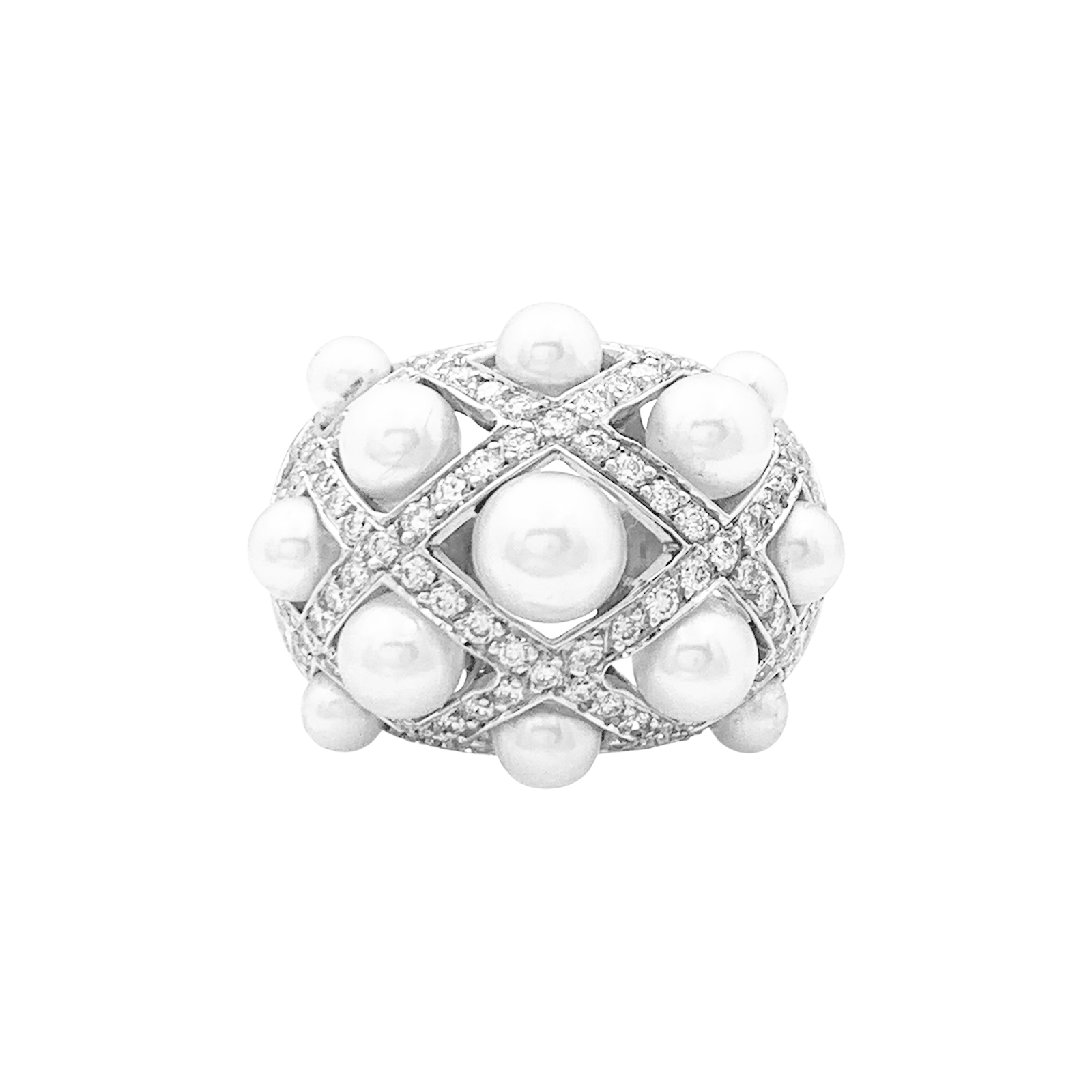 Bague CHANEL, "Baroque", or blanc, diamants, perles. 1